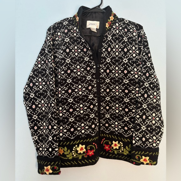 Jenny Sweaters - Jenny Sweater Cardigan Long Sleeve Size Medium Nordic Embroidered Floral Print